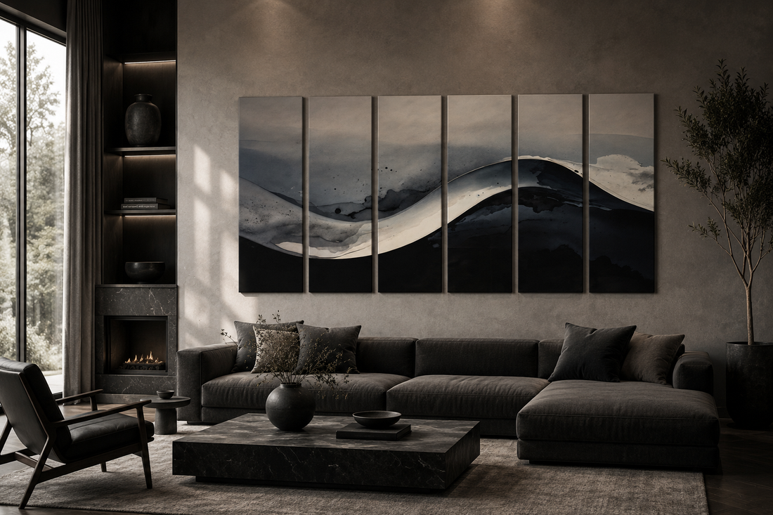 A luxury living room with a six-panel MB Canvas installation displayed between architectural elements, with Mr. Window providing natural light and scale.