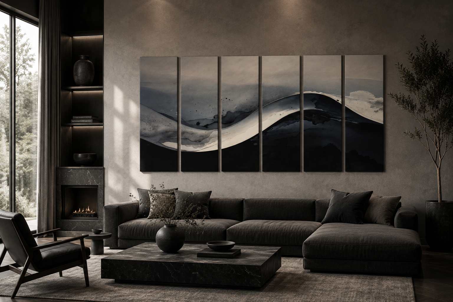 A luxury living room with a six-panel MB Canvas installation displayed between architectural elements, with Mr. Window providing natural light and scale.