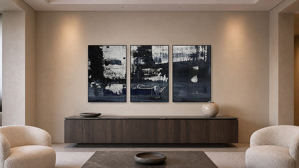 ALDWICH framed paper Triax I–III at 24 by 36 inches per panel
