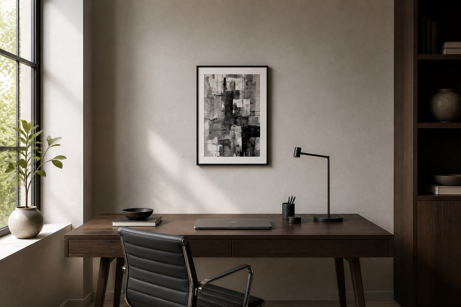 Align framed paper at 12 by 18 inch scale above a home office desk