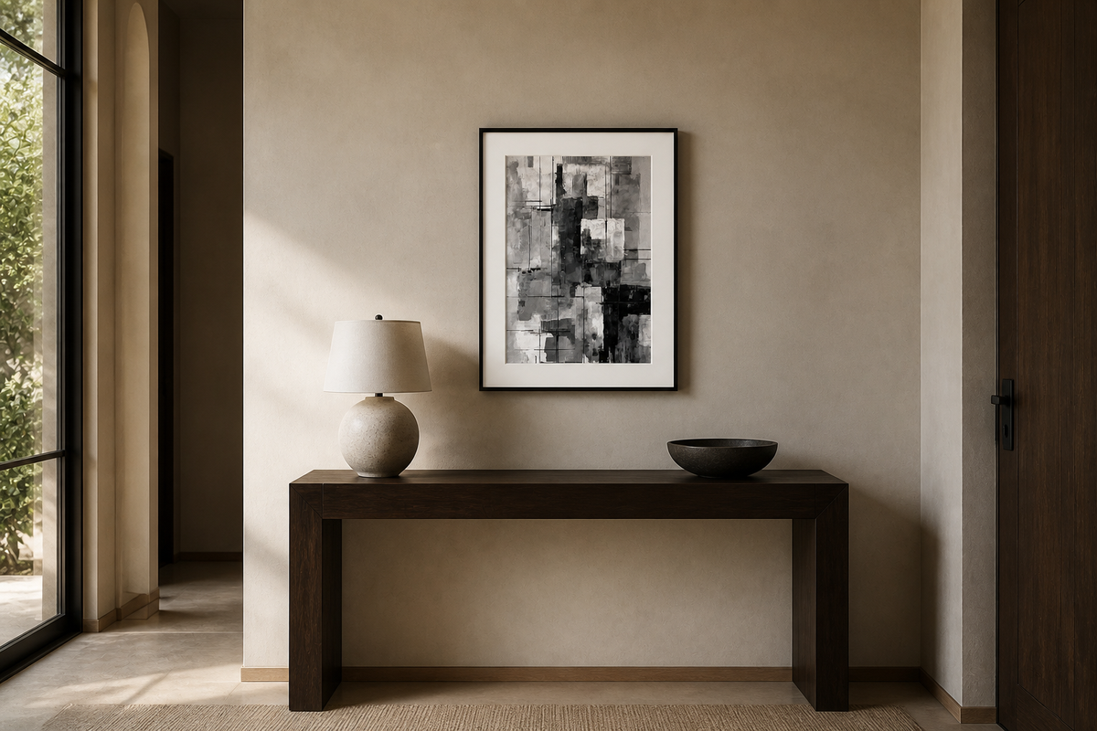 Align framed paper at 16 by 20 inch scale above an entryway console