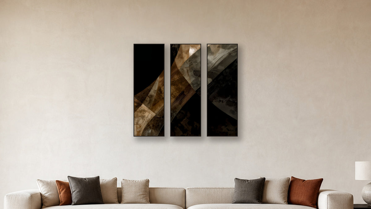 ASHLAR 001 TRIPTYCH 16x48 accurately scaled living-room mockup