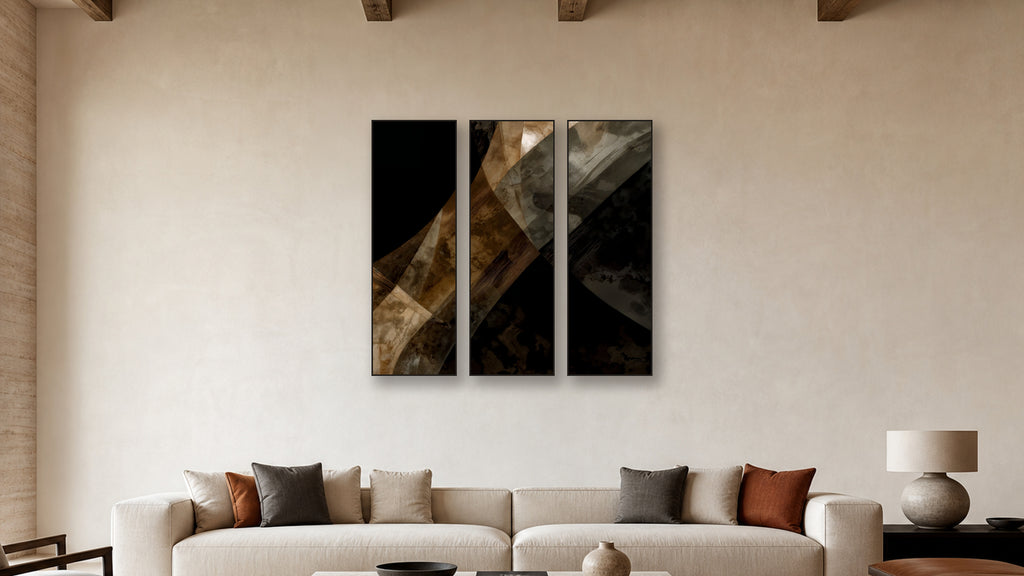 ASHLAR 001 TRIPTYCH 20x60 accurately scaled living-room mockup