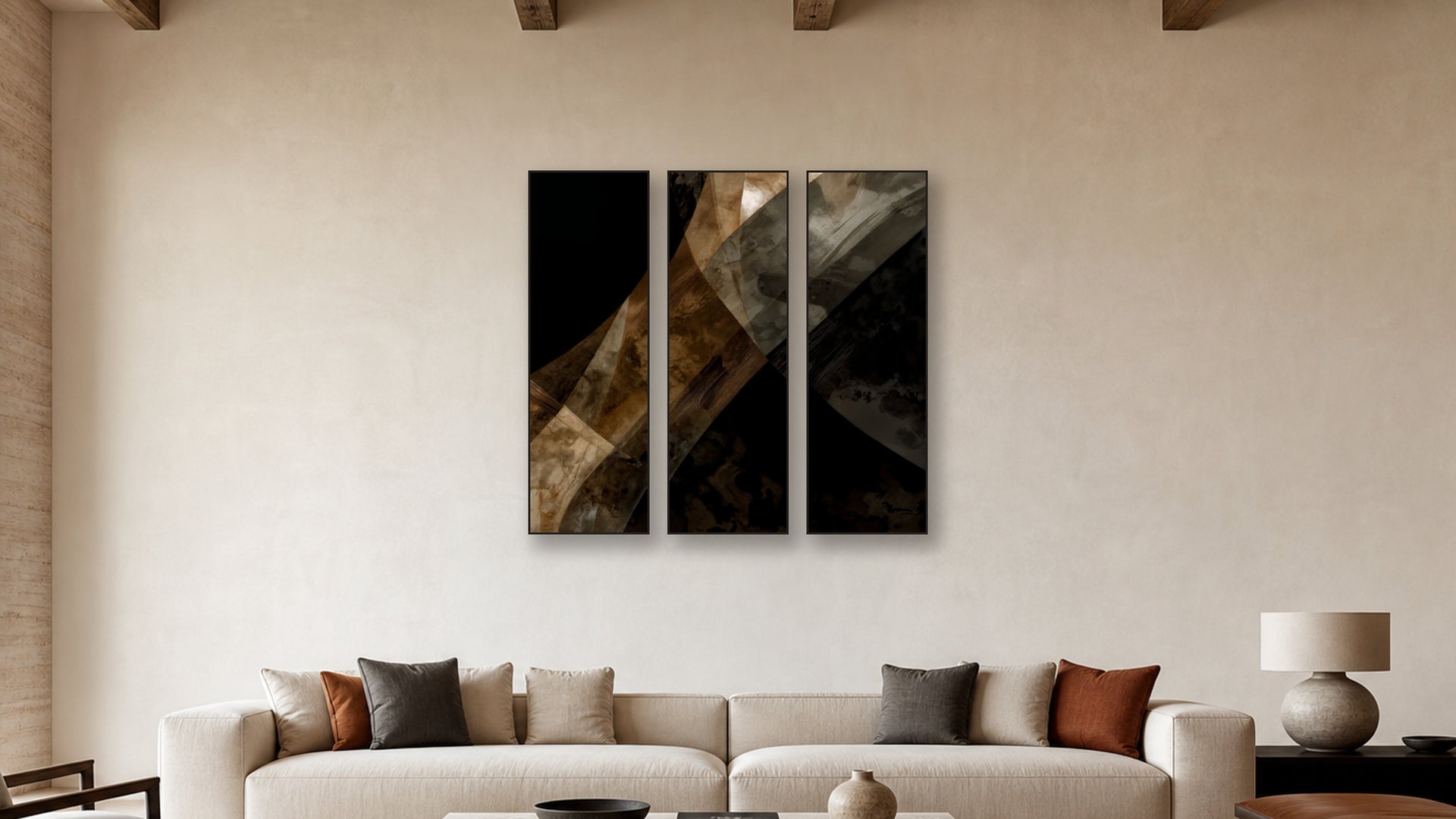 ASHLAR 001 TRIPTYCH 20x60 accurately scaled living-room mockup