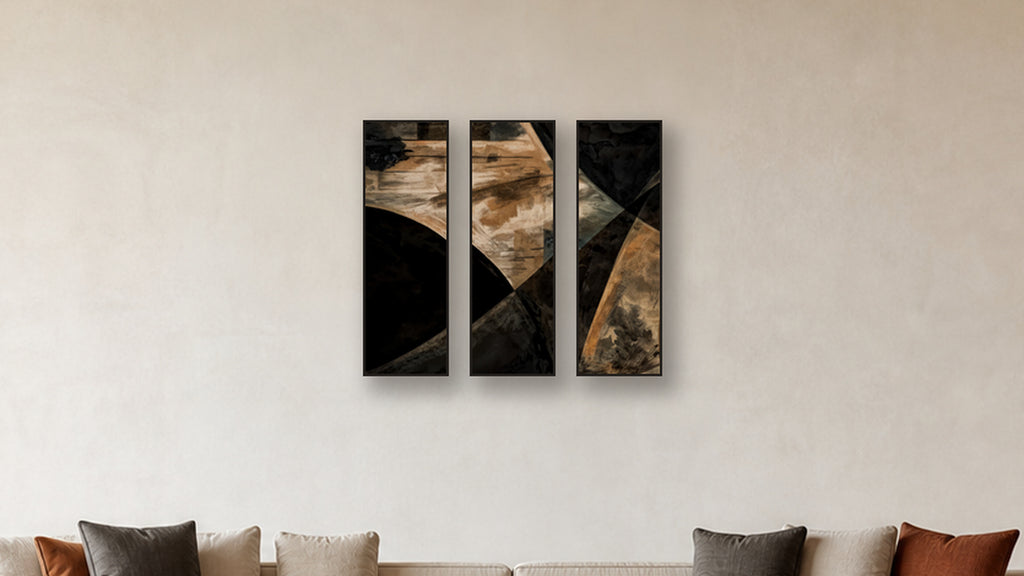 ASHLAR 114 TRIPTYCH 12x36 accurately scaled living-room mockup