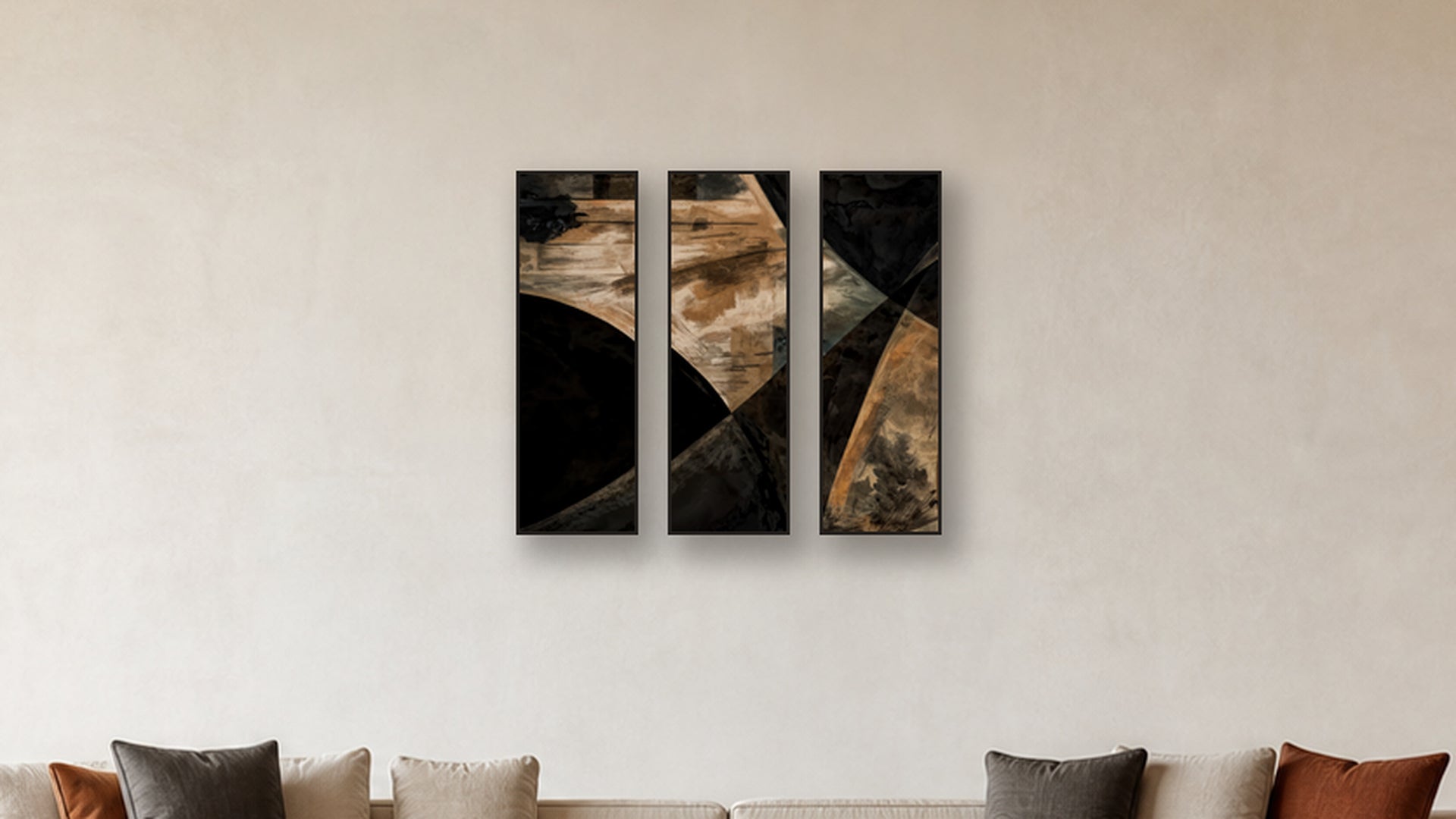ASHLAR 114 TRIPTYCH 12x36 accurately scaled living-room mockup