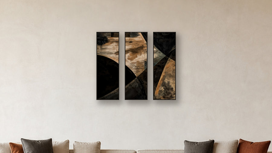 ASHLAR 114 TRIPTYCH 12x36 accurately scaled living-room mockup
