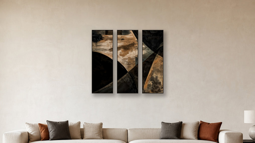 ASHLAR 114 TRIPTYCH 16x48 accurately scaled living-room mockup