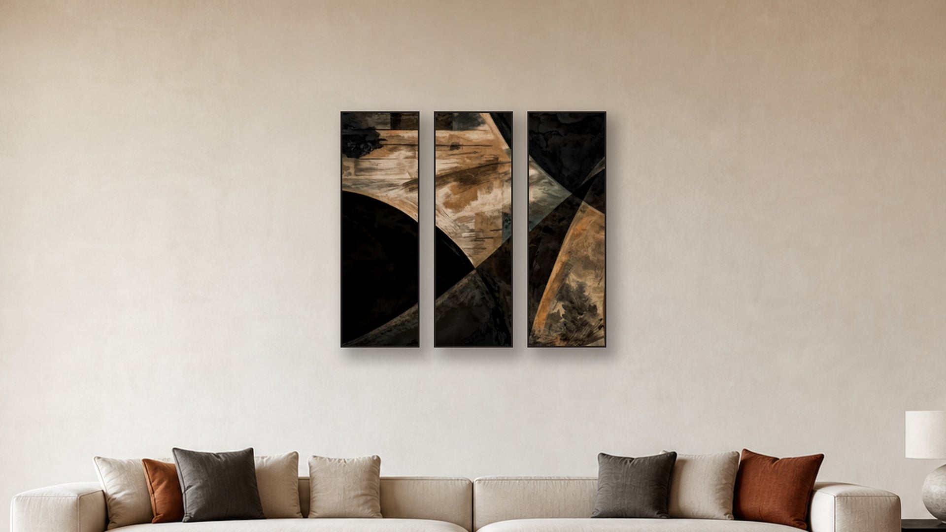 ASHLAR 114 TRIPTYCH 16x48 accurately scaled living-room mockup