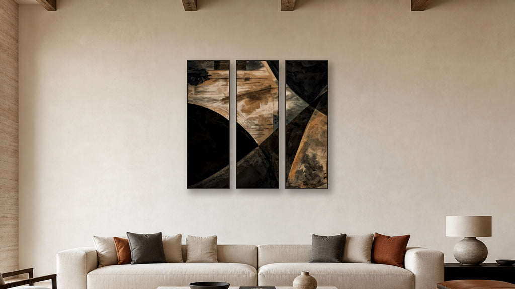 ASHLAR 114 TRIPTYCH 20x60 accurately scaled living-room mockup