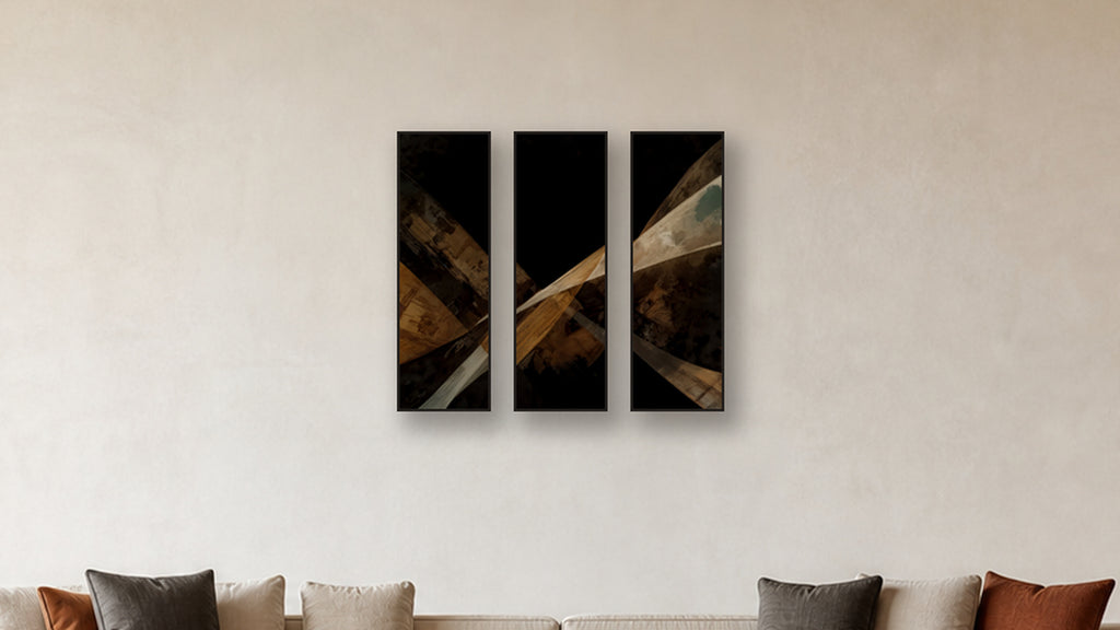 ASHLAR 201 TRIPTYCH 12x36 accurately scaled living-room mockup
