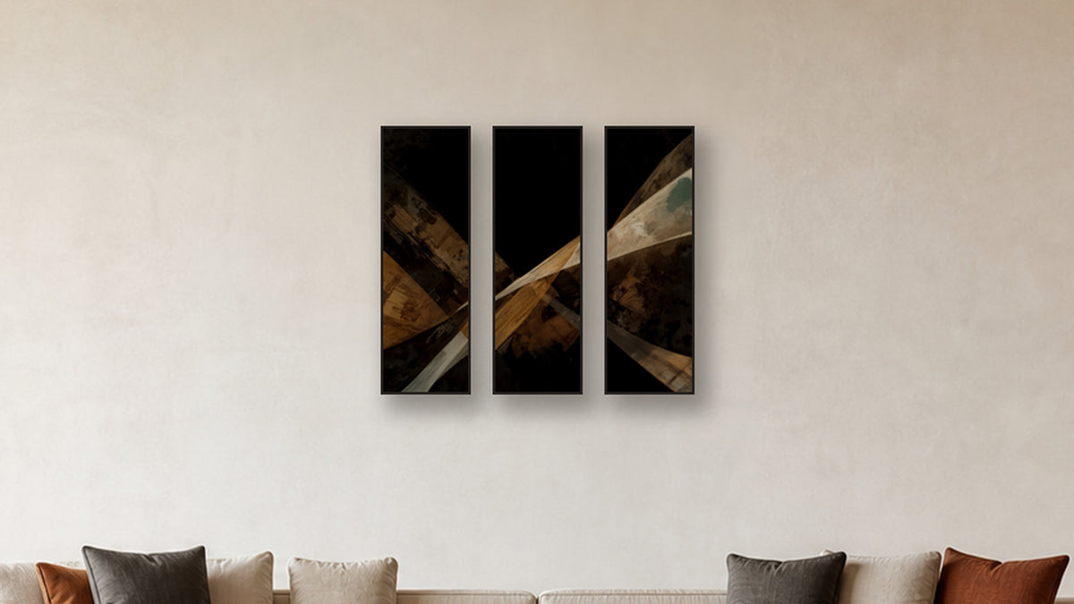 ASHLAR 201 TRIPTYCH 12x36 accurately scaled living-room mockup