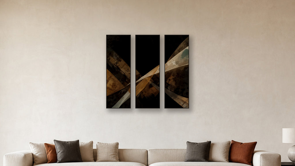 ASHLAR 201 TRIPTYCH 16x48 accurately scaled living-room mockup