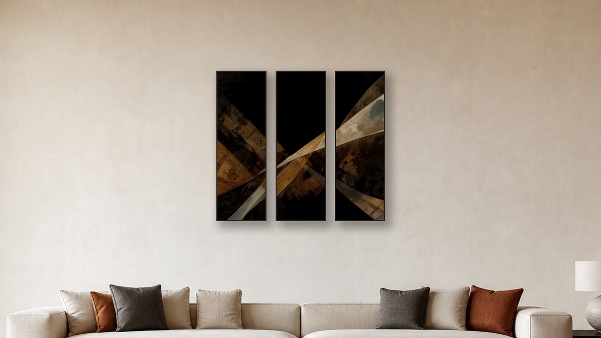 ASHLAR 201 TRIPTYCH 16x48 accurately scaled living-room mockup