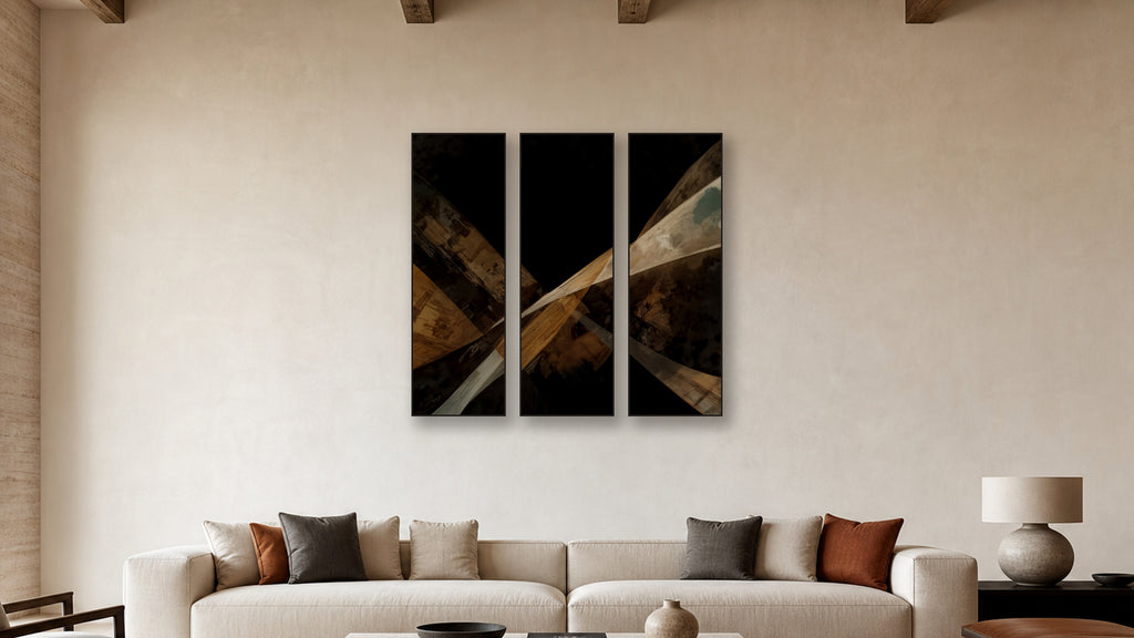 ASHLAR 201 TRIPTYCH 20x60 accurately scaled living-room mockup