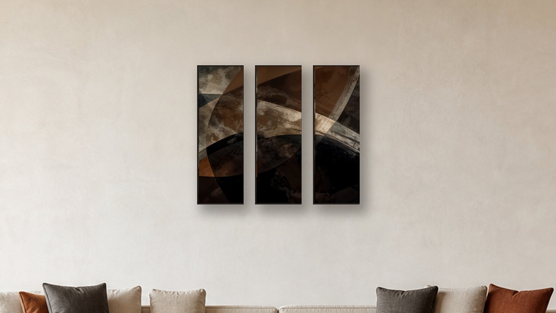 ASHLAR 377 TRIPTYCH IV–VI 12x36 accurately scaled living-room mockup