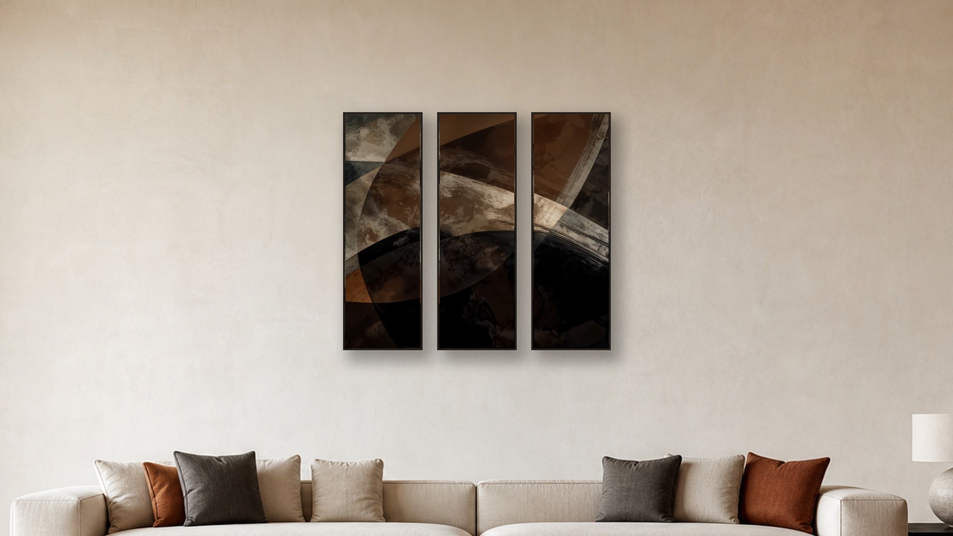 ASHLAR 377 TRIPTYCH IV–VI 16x48 accurately scaled living-room mockup