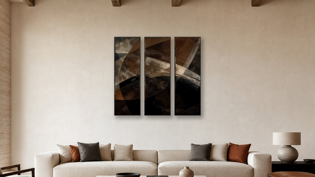 ASHLAR 377 TRIPTYCH IV–VI 20x60 accurately scaled living-room mockup