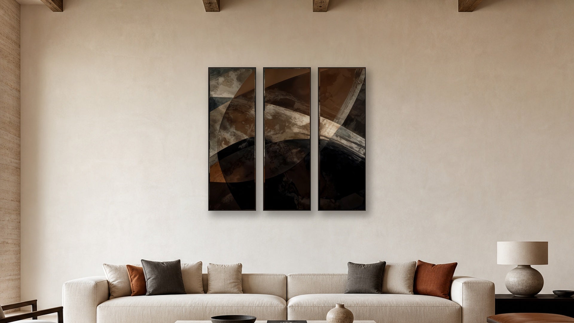 ASHLAR 377 TRIPTYCH IV–VI 20x60 accurately scaled living-room mockup