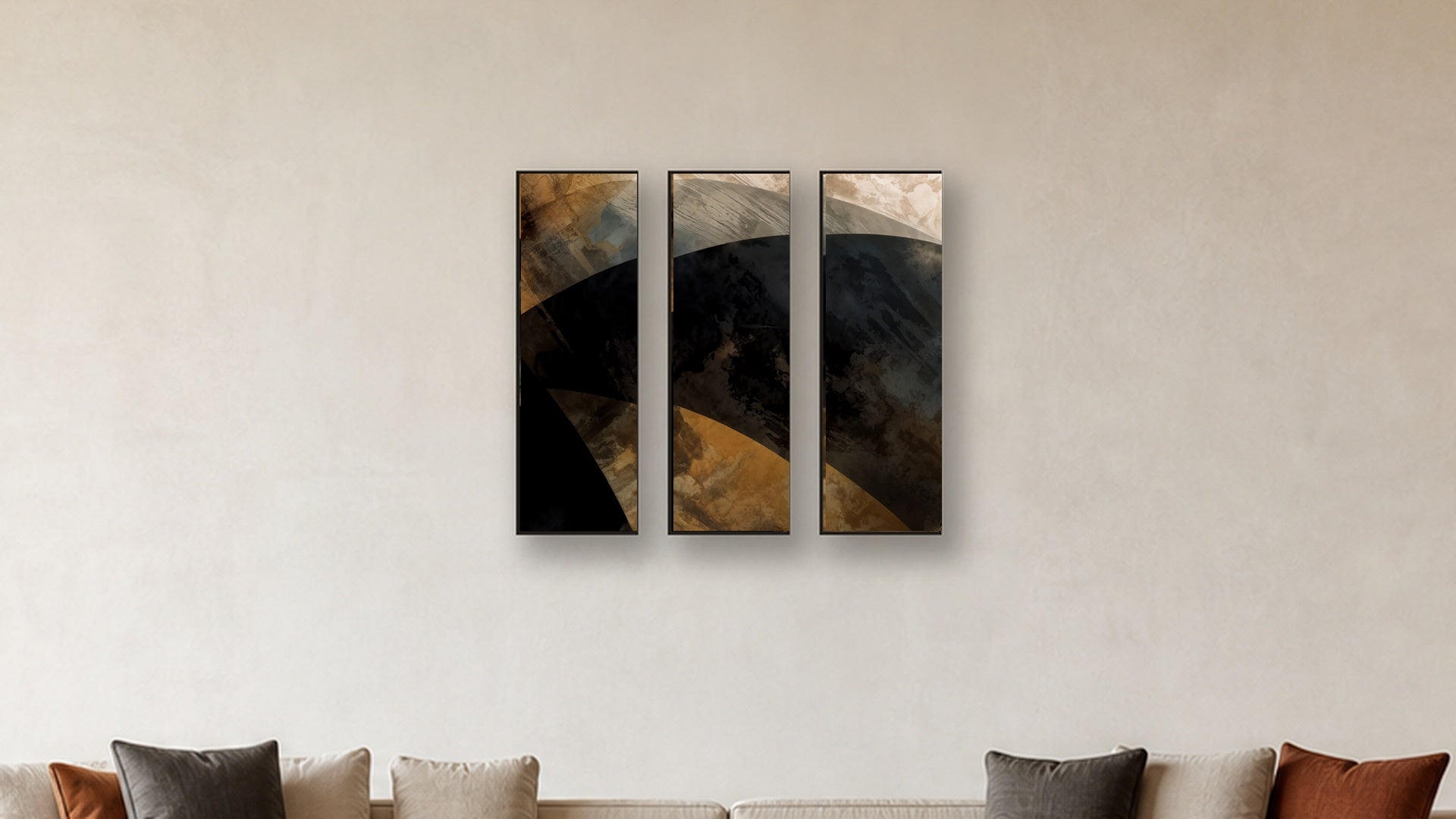 ASHLAR 450 TRIPTYCH IV–VI 12x36 accurately scaled living-room mockup
