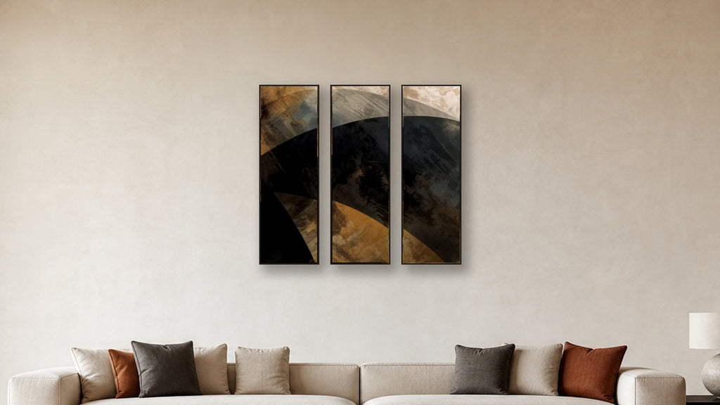 ASHLAR 450 TRIPTYCH IV–VI 16x48 accurately scaled living-room mockup