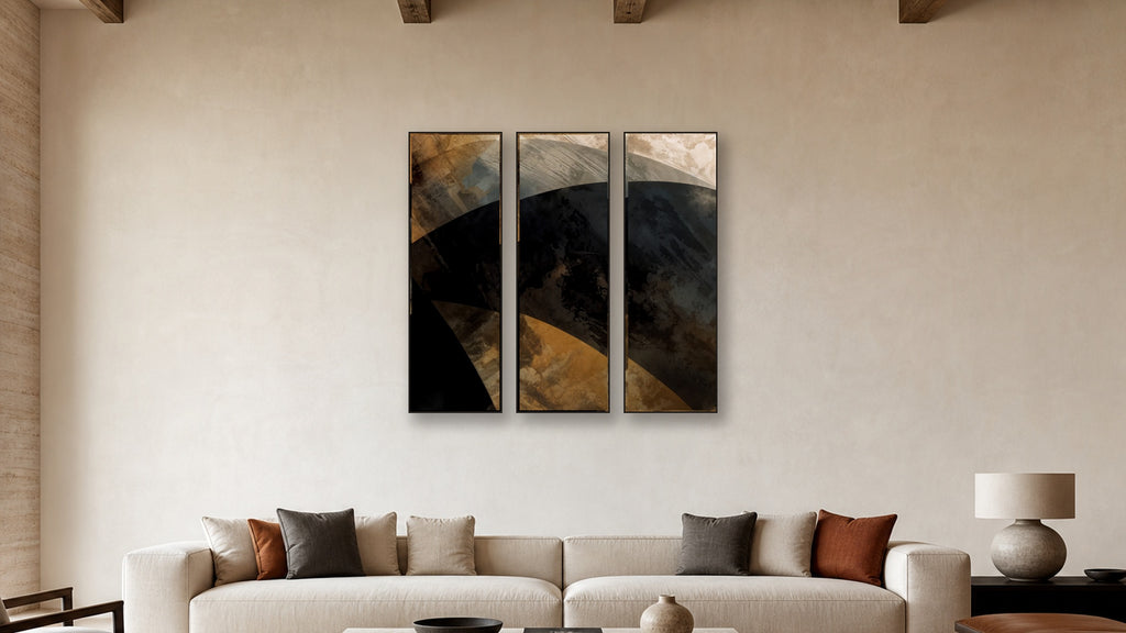 ASHLAR 450 TRIPTYCH IV–VI 20x60 accurately scaled living-room mockup