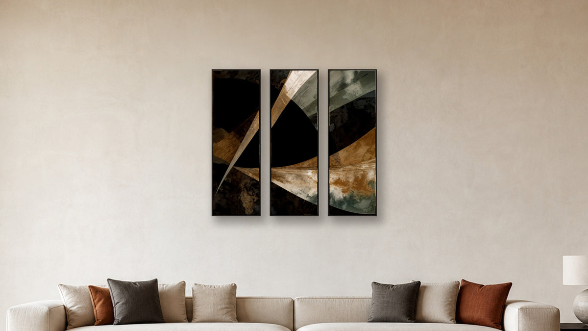 ASHLAR 565 TRIPTYCH IV–VI 16x48 accurately scaled living-room mockup