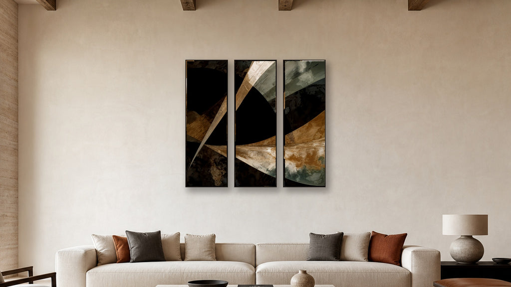 ASHLAR 565 TRIPTYCH IV–VI 20x60 accurately scaled living-room mockup