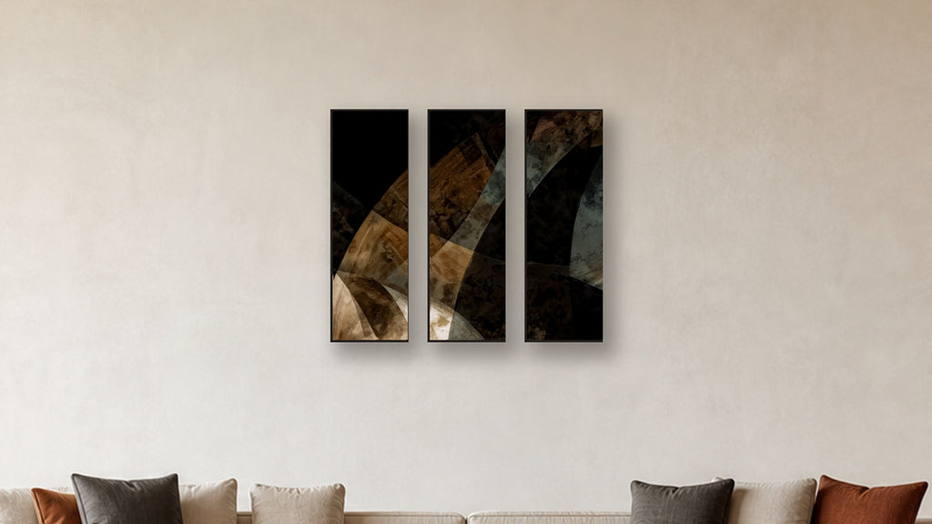 ASHLAR 633 TRIPTYCH III–V 12x36 accurately scaled living-room mockup