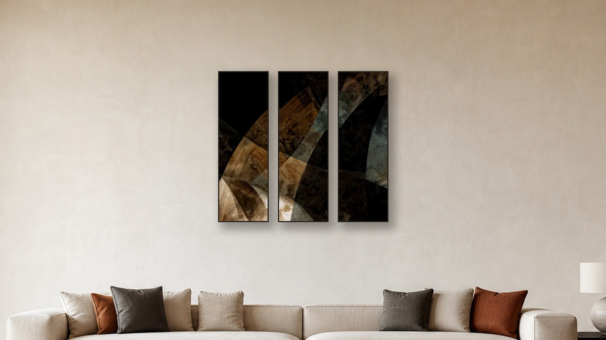 ASHLAR 633 TRIPTYCH III–V 16x48 accurately scaled living-room mockup