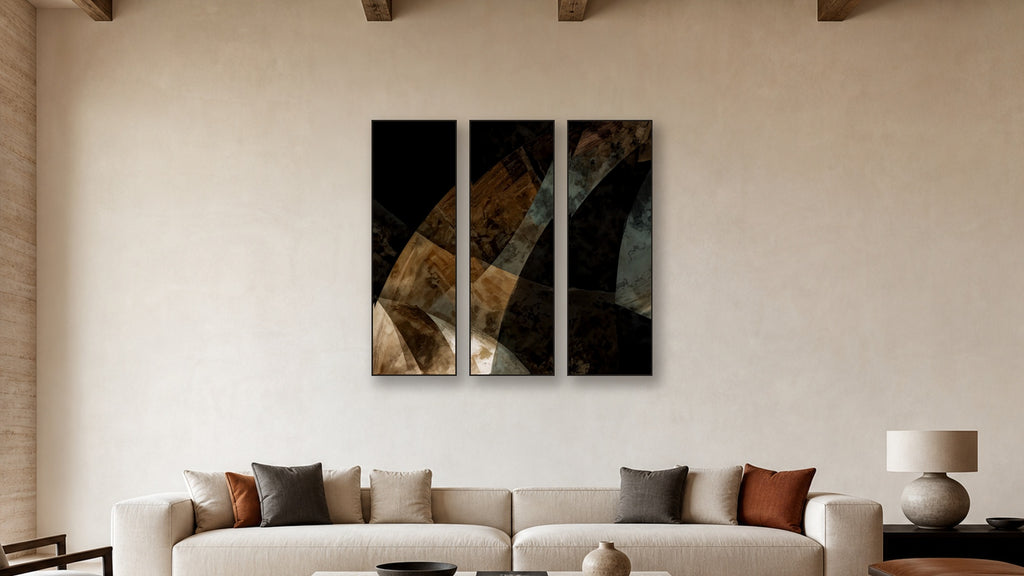ASHLAR 633 TRIPTYCH III–V 20x60 accurately scaled living-room mockup