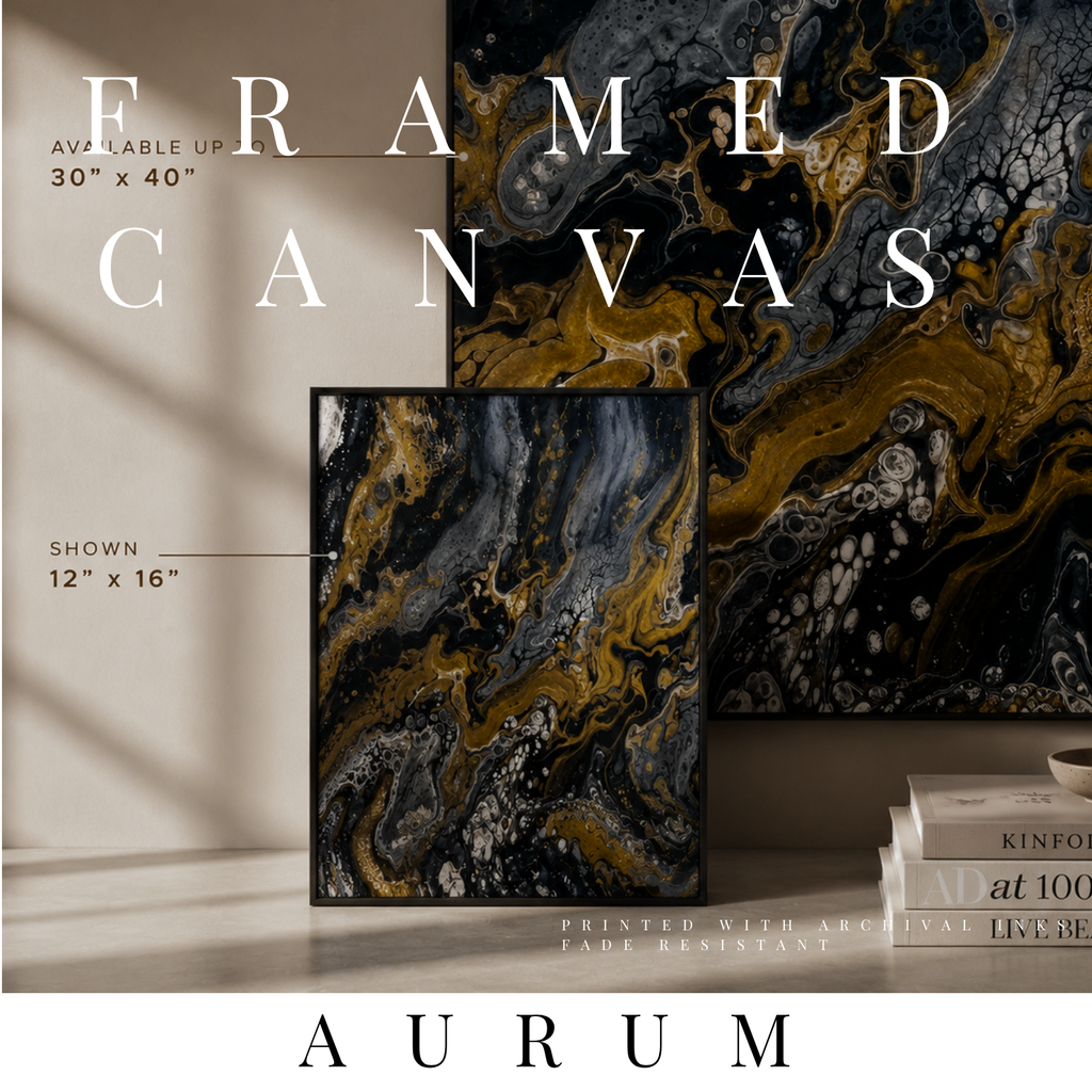 Aurum framed canvas print shown in product view in black frame, 8 x 10 inch universal size