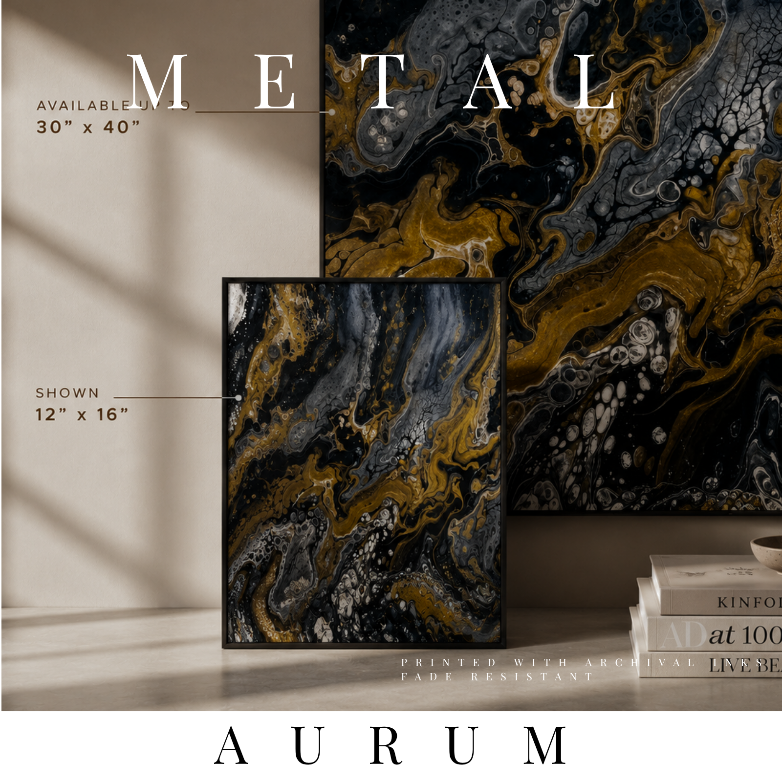 Aurum metal print shown in product view in 8 x 10 inch universal size