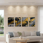 Aurum bundle tetrad 4-panel framed shown in product view in black frame, 20 x 30 inch large size