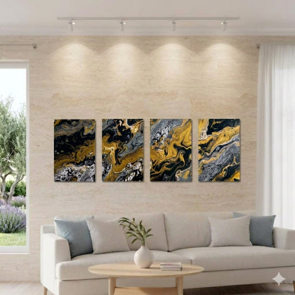 Aurum bundle tetrad 4-panel framed shown in product view in black frame, 20 x 30 inch large size