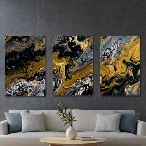 Aurum wall art product image as a bundle triptych 1 3-panel framed in black frame, 24 x 36 inch statement piece