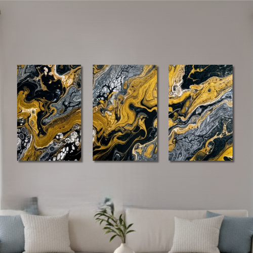 Aurum bundle triptych 2 3-panel framed shown in product view in black frame, 20 x 30 inch large size