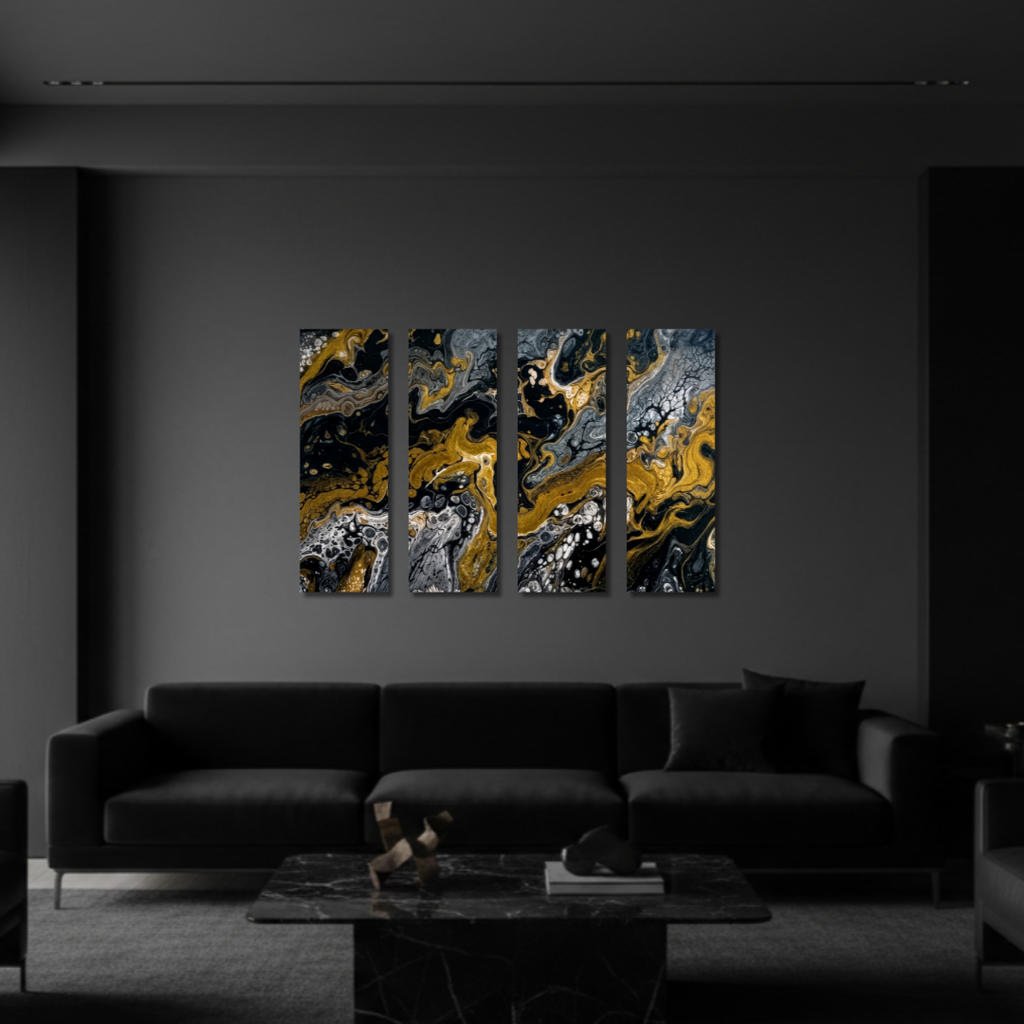 Aurum wall art product image as a bundle tetrad 1 4-panel in 16 x 48 inch statement piece