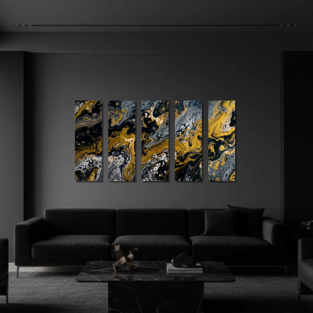 Aurum wall art product image as a bundle strata 1 5-panel in 16 x 48 inch statement piece