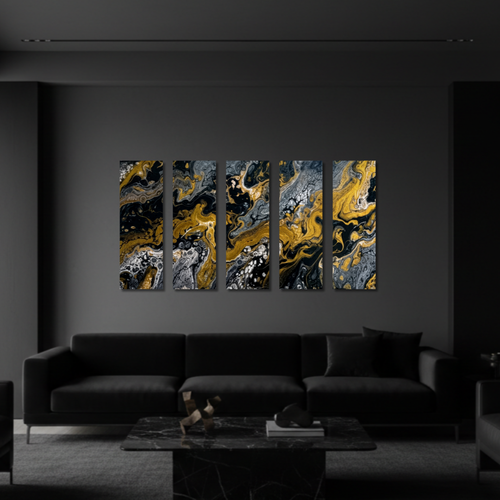Aurum wall art product image as a bundle strata 1 5-panel in 16 x 48 inch statement piece