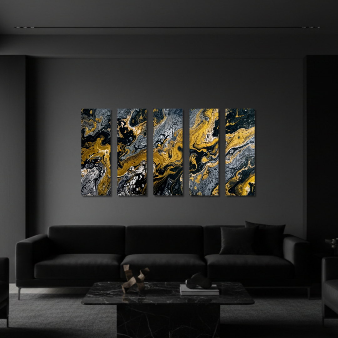Aurum wall art product image as a bundle strata 2 5-panel in 16 x 48 inch statement piece