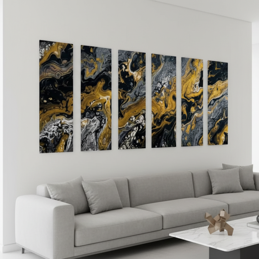 Aurum wall art product image as a bundle hexad 6-panel in 16 x 48 inch statement piece