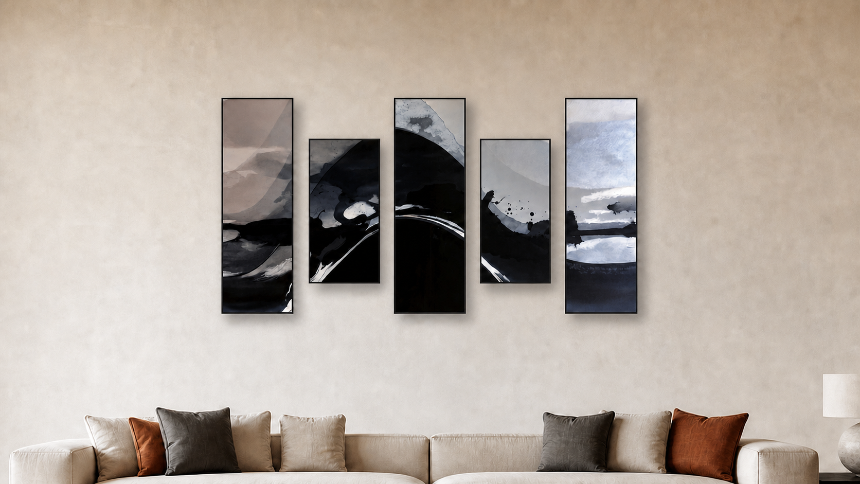 CATALYSIS Peak I–V accurate living-room mockup; Panels II and IV vertically centered