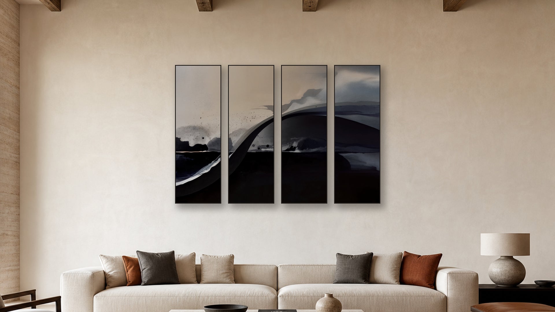 Diffusion TETRAD 20x60 accurately scaled living-room mockup
