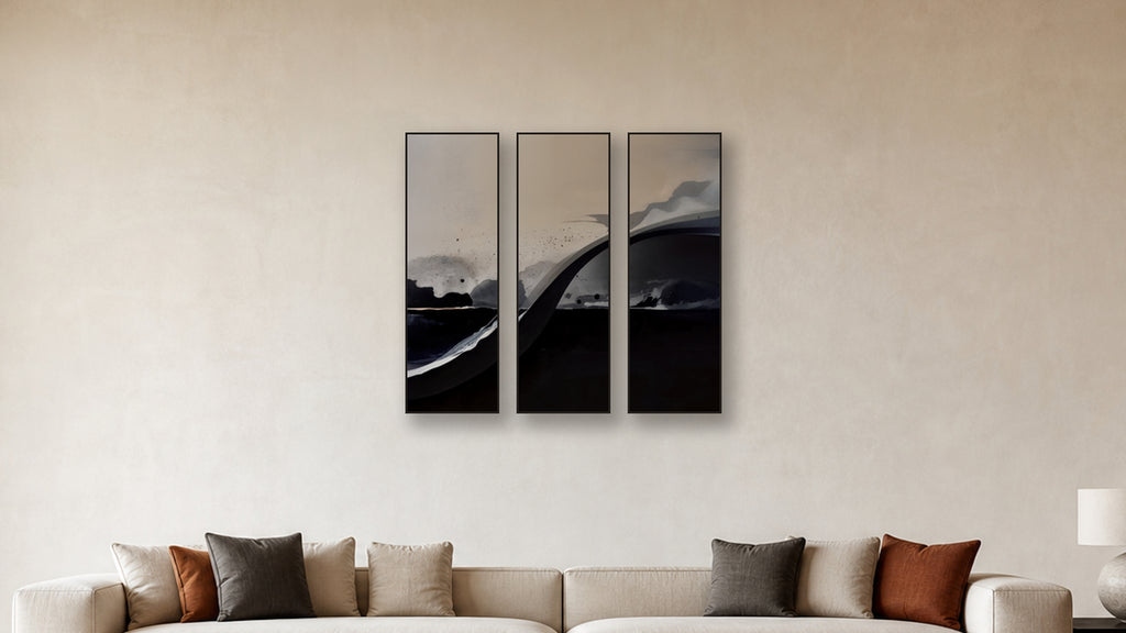 Diffusion TRIPTYCH 16x48 accurately scaled living-room mockup
