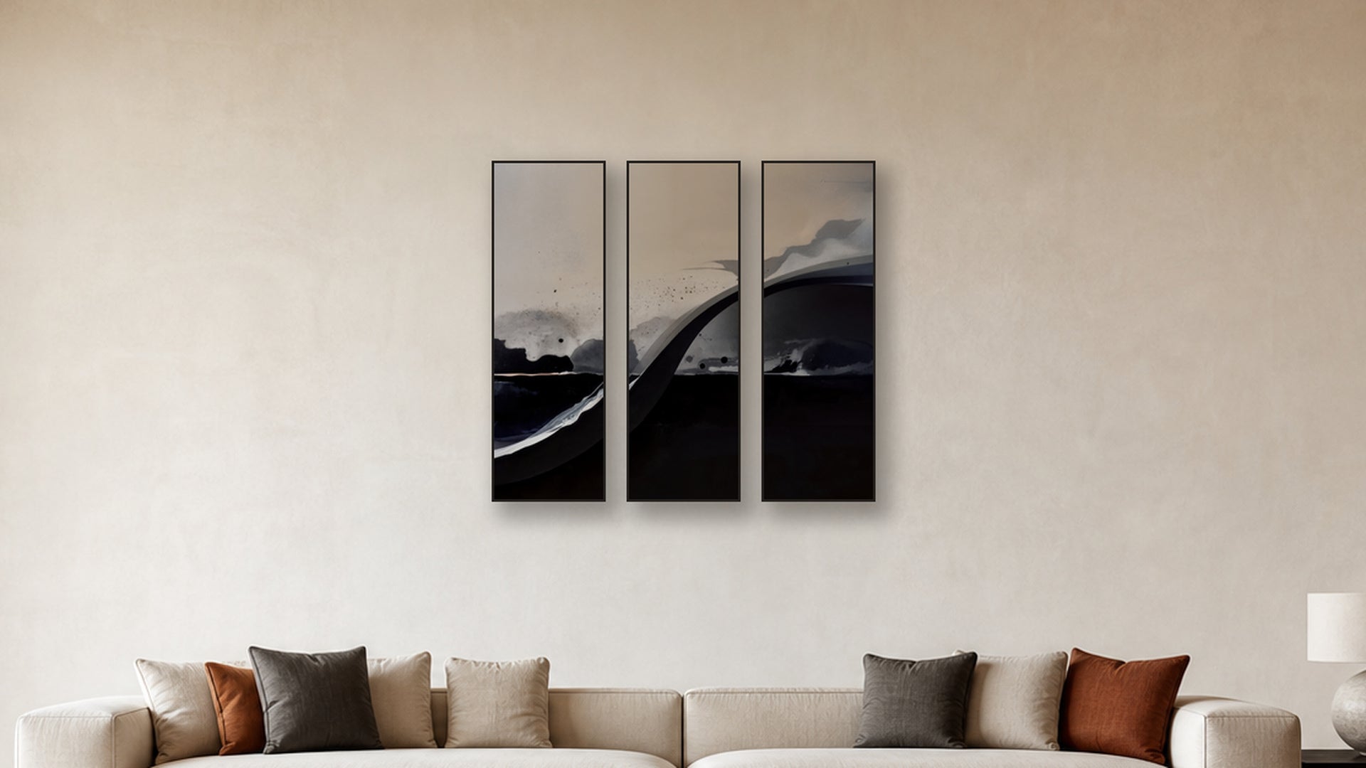 Diffusion TRIPTYCH 16x48 accurately scaled living-room mockup