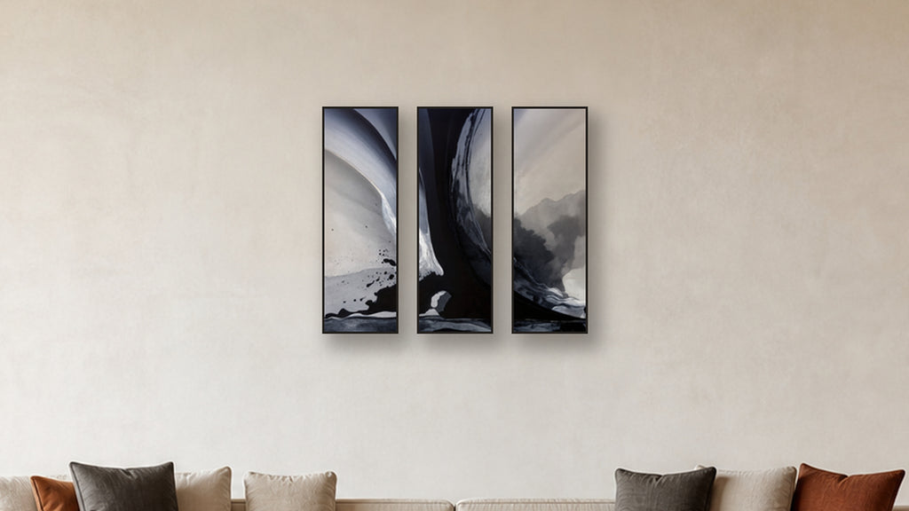 FUSION FUSION TRIPTYCH 12x36 LIVING ROOM MOCKUP; panels II and IV are 16x32