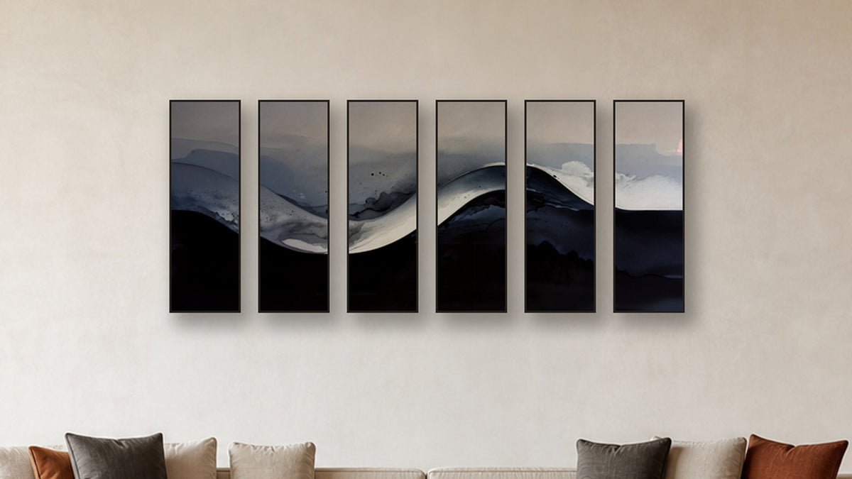 GRADIENT GRADIENT HEXAD 12x36 LIVING ROOM MOCKUP; panels II and IV are 16x32