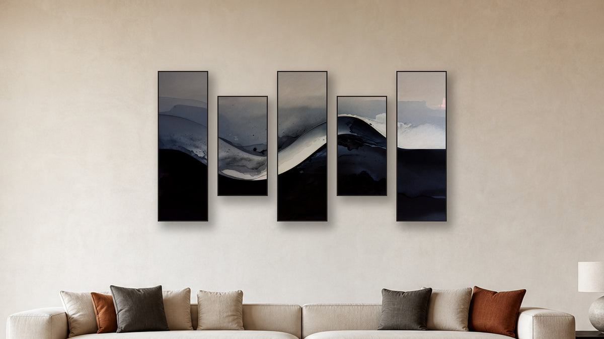GRADIENT GRADIENT PEAK 16 CENTERED LIVING ROOM MOCKUP; panels II and IV are 16x32