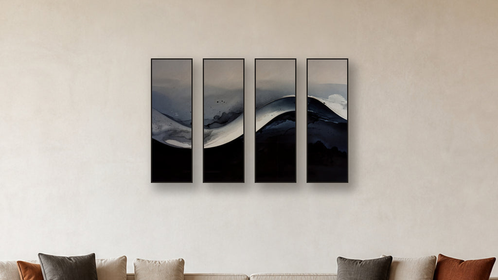 GRADIENT GRADIENT TETRAD 12x36 LIVING ROOM MOCKUP; panels II and IV are 16x32